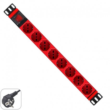 Multiple Socket Rack 19" 8 Red Schuko Sockets with On/Off Switch 1 Unit Schuko Plug - 8054392616815