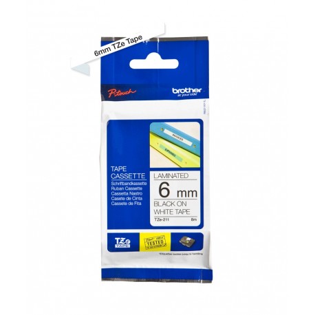 Fita BROTHER TZE-211 Laminada,Branco/Preto 6mm