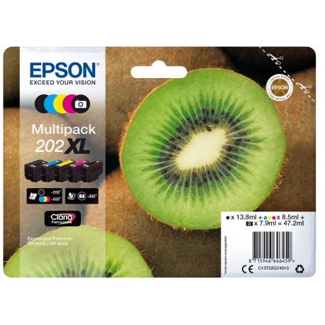 Tinteiro Epson Kiwi 202XL Original Preto, Ciano, Magenta, Foto Preto, Amarelo - EPSON 202 Multipack 5 Cores XL XP-6000/5/6100/5 - 8715946646459