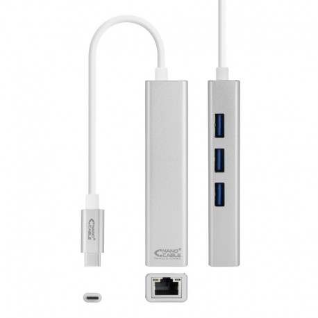 Nanocable 10.03.0404 Adaptador APPLE USB-C para Ethernet Gigabit + 3x USB 3.0, 15 cm, Prateado - 8433281009516