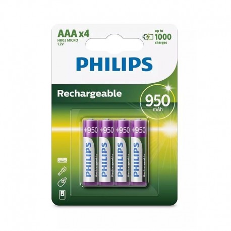 Philips Rechargeables Pilha R03B4A95/10, Bateria Recarregável, 1,2 V, 950 mAh, AAA, Multicor, Pack de 4 Unidade(s) - 8712581634490