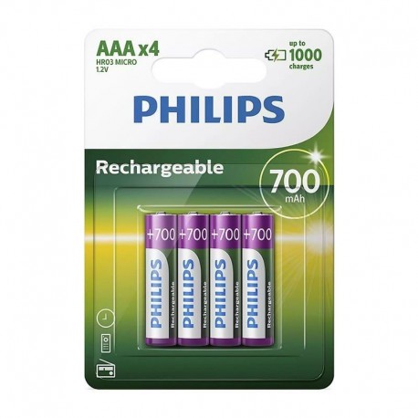 Philips Rechargeables Pilha R03B4A70/10, Bateria Recarregável, 1,2 V, 700 mAh, AAA, Multicor, Pack de 4 Unidade(s) - 8710895962902