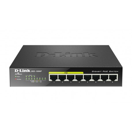 D-Link DGS-1008P Switch de Rede Não-gerido Gigabit Ethernet (10/100/1000) Power over Ethernet (PoE), Full Duplex, RJ45, 8 Portas, Preto - 0790069344176