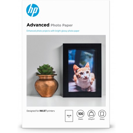 HP Papel Fotográfico Advanced Q8692A, Brilhante, 100 Folhas, 10 x 15 cm, Sem Margens, 250 g, Branco, Laser/Inkjet - 0882780349605