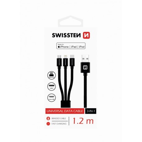 Swissten Textile 3-in-1 Cable 1.2m-black - 8595217463400