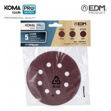 KOMA tools Pack 5 Lixas 125 mm Grão 60 / 80 / 120 para Lixadora 08780 Pro Series - 8425998087819