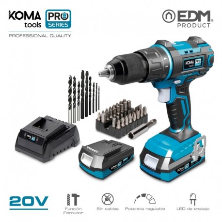 KOMA tools Berbequim com Percussão, Aparafusadora 20 V com 2 Baterias 2.0 Ah e Carregador Pro Series Battery - 8425998087505