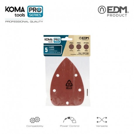 KOMA tools Pack 5 Lixas Grão 60 / 80 / 120 para Lixadora 08753 Pro Series - 8425998087383