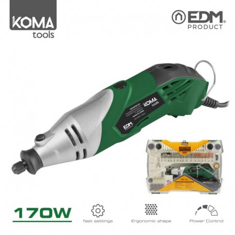 KOMA tools Giratória Mini Berbequim 17 W, Velocidade Variável, Cabo Flexível 2 m, 190 Acessórios Incluídos - 8425998087093