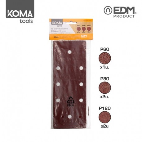 KOMA tools Pack 5 Folhas de Lixa Grão 60 / 80 / 120 para Lixadora 08706 - 8425998087338