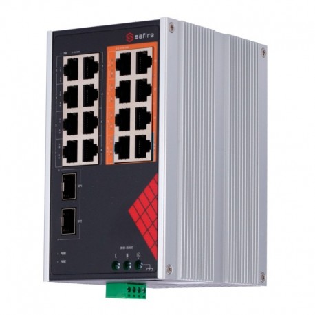 Safire SF-SWI1808HIPOE-GF-AC-130-DIN Switch Safire de Alimentaçao AC industrial 90~264V 16 portas Gigabit + 2 SFPs Gigabit - 8435325476438